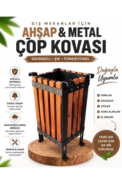Erpek 30 L Dış Mekan Ahşap Kaplama Metal Çöp Kovası