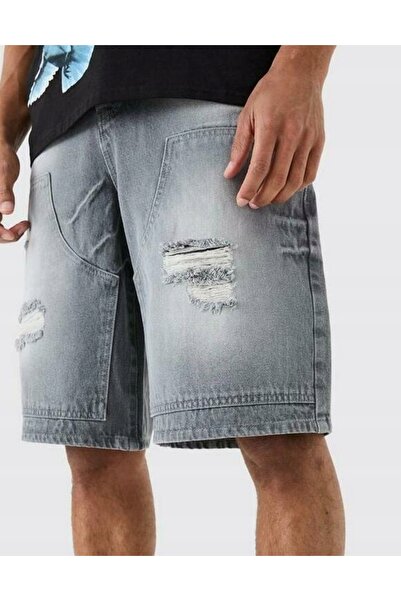 NO BRAND Pantaloni scurți din denim gri, deasupra genunchiului, cu rupturi, b...