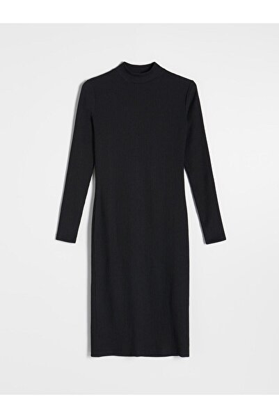 NO BRAND Rochie neagră texturată, midi, cu guler drept, mânecă lungă, Reserve XS