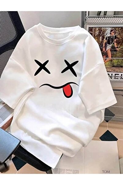 ZAVIXO Women's Emoji Printed Oversize 100% Cotton Short Sleeve Casual Basic T...