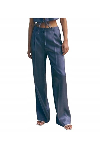 NO BRAND Pantaloni largi albastri cu buzunare, croială dreaptă lungă, RESERVE...