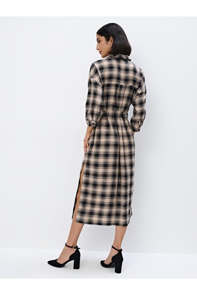 NO BRAND Rochie cămașă din viscoză, negru-bej, midi, cu mâneci 3/4 și guler, 34