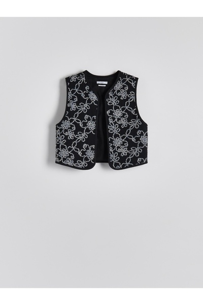 NO BRAND Vestă scurtă neagră, cu model floral brodat, din bumbac, mărimea XS.