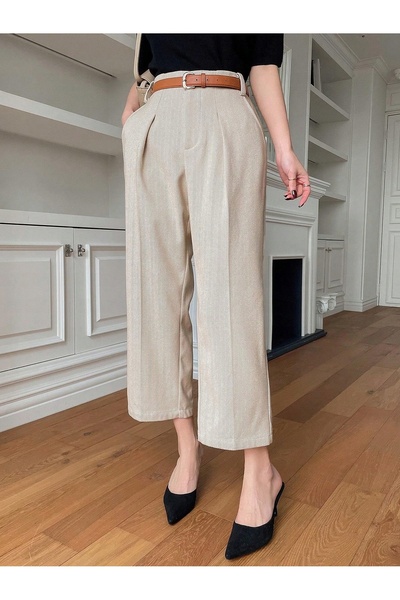 NO BRAND Pantaloni bej cu croială dreaptă, lungime 7/8, talie înaltă, cu mode...