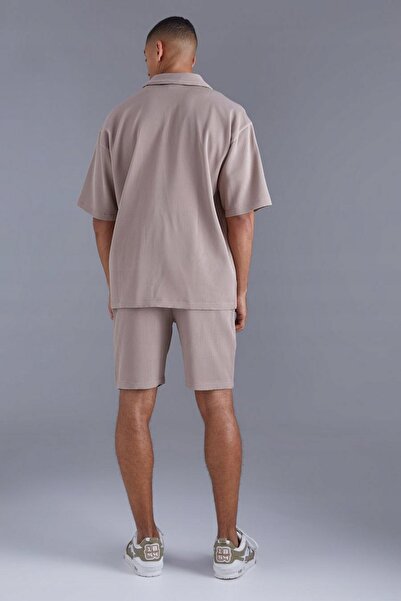 NO BRAND Cămașă Maro Plisată Nasturi Oversize Mâneci Scurte Boohooman L