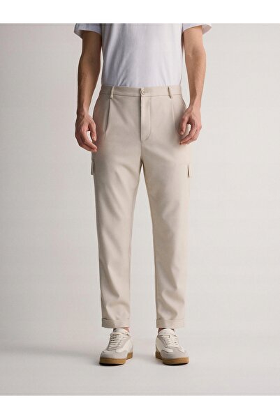 NO BRAND Pantaloni cargo lungi bej, cu buzunare cu clapetă, uni, mâneci 7/8, S