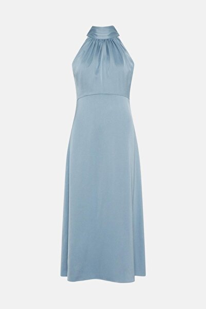 NO BRAND Rochie midi din satin Blue Oasis, fără mâneci, cu fundă, mărimea 40