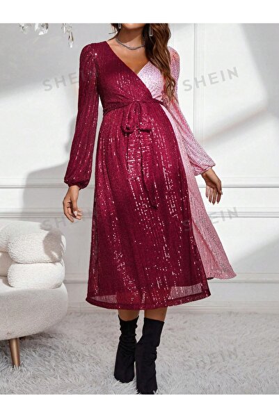 NO BRAND Rochie midi de maternitate, roșu-roz, cu paiete, cu mânecă lungă, Sh...
