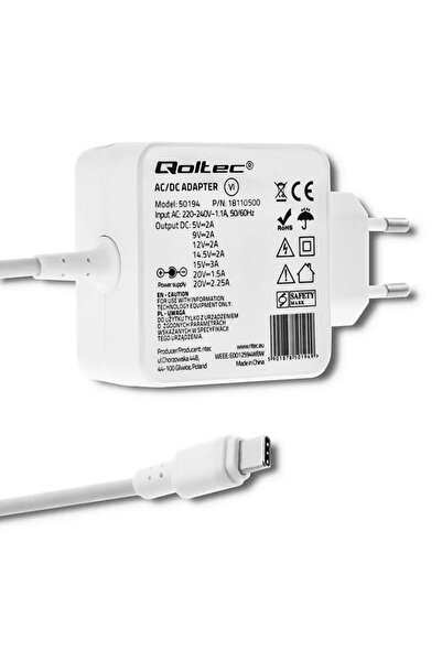 Qoltec Adaptor de alimentare universal 45W 5-20V 2-3A USB tip C PD Alb
