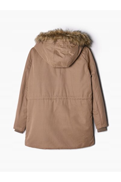 NO BRAND Jachetă maro cu guler de blană, tip parka, cu buzunare, căptușită că...
