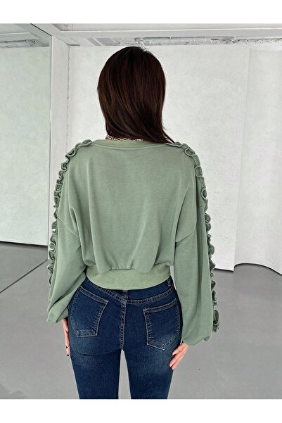 NO BRAND Hanorac scurt verde oversize cu mâneci cu volane Shein 38