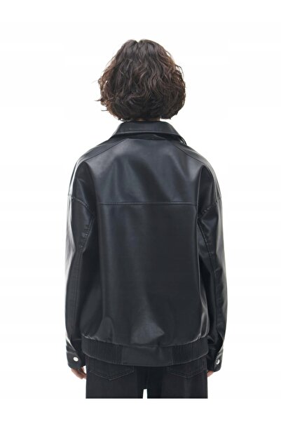 NO BRAND Geacă de piele neagră, clasică, slim fit, croială dreaptă, lejeră, n...