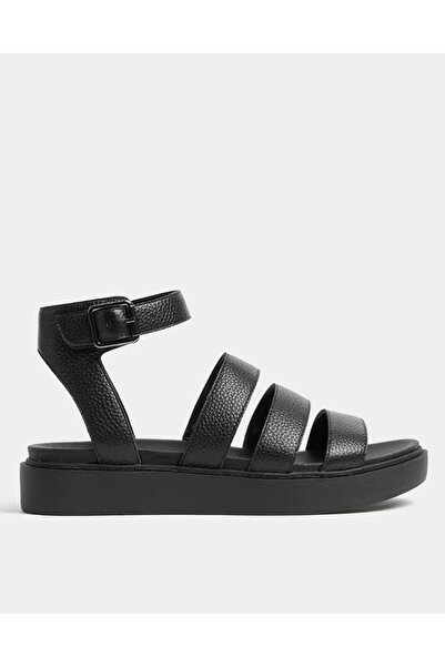 NO BRAND Sandale negre din piele cu platformă, cu barete și cataramă, Colecți...