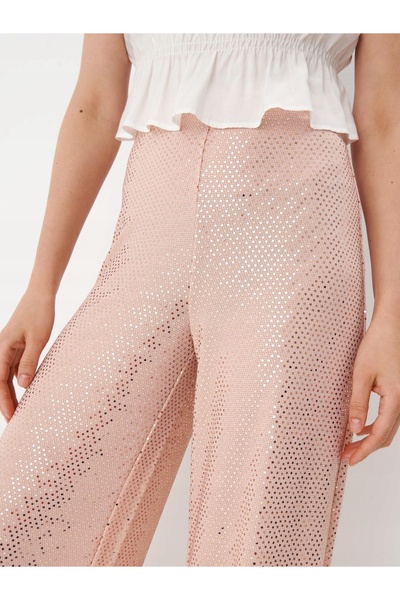 NO BRAND Pantaloni largi, lucioși, de culoare piersică, cu talie înaltă, glam...