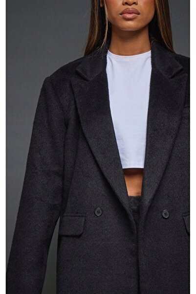 NO BRAND Prettylittlething Palton negru, simplu, oversize, la două rânduri de...