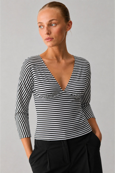 Madmext Black Striped V-Neck Slim Fit Women's Blouse Mg2887