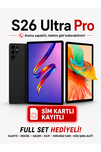 asfteknoloji S26 Pro Sim Kartlı Klavye+Mous+Kalem+Kılıf+Kırımazcam+Şarj Hediye