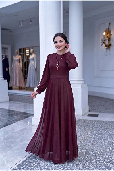MD MODA DEMİRKAYA Simli Kumaş Kolye Aksesuarlı Astarlı Abiye