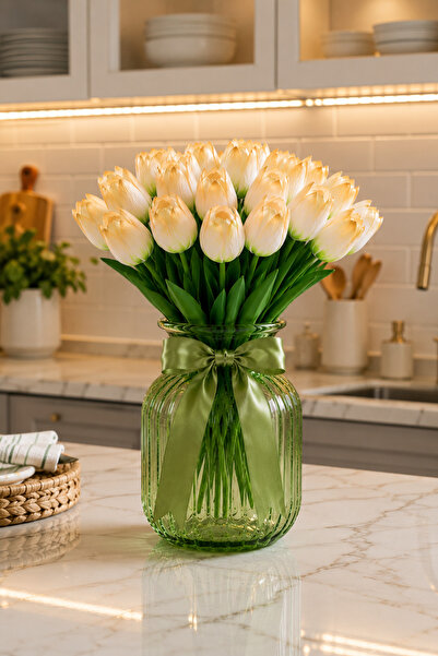 OznCicekTasarim Realistic Wet Textured Gold - Green Artificial Tulip Bouquet ...