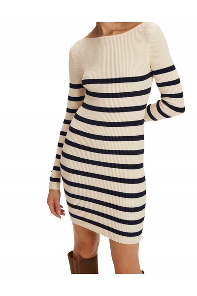 NO BRAND Rochie mini tricotată clasică, cu torsade, bej, mulată, Reserve L