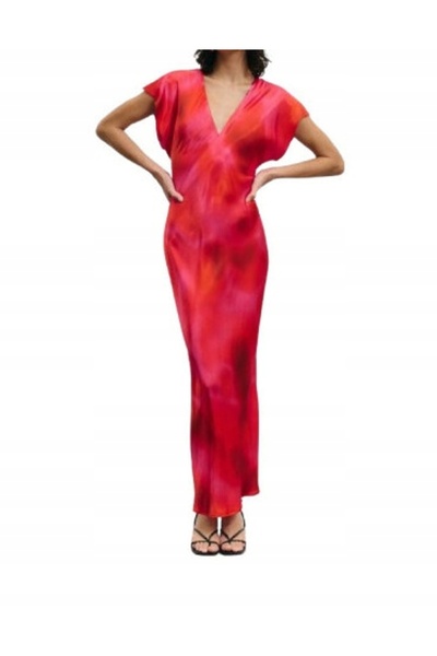 NO BRAND Rochie maxi dreaptă din satin, mărimea L, cu detaliu inimă, cu mânec...