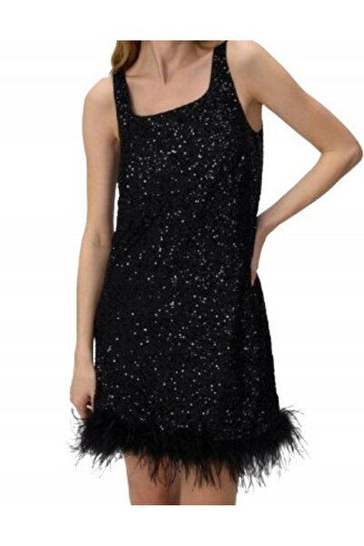 NO BRAND Rochie mini neagră cu paiete, cu bretele și decor din pene, mărimea S