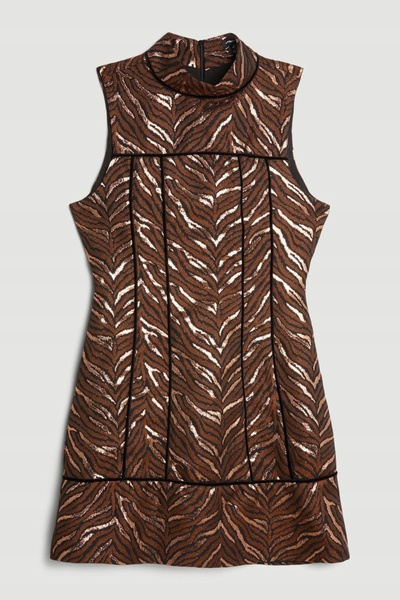 NO BRAND Rochie mini trapezoidală maro cu imprimeu zebră, fără mâneci, Karen ...