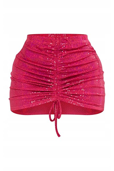 NO BRAND Prettylittlething 38 fustă mini roz cu volane și paiete, cu șnur