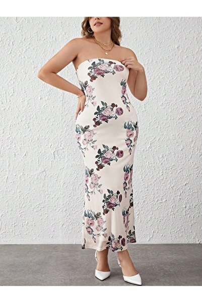 NO BRAND Rochie maxi simplă crem, cu flori, cu umerii goi, cambrată, Shein 52
