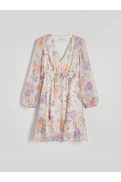 NO BRAND Rochie mini cu imprimeu floral, din șifon, clasică, cu mânecă lungă,...