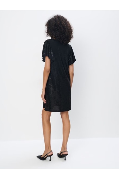 NO BRAND Rochie neagră lucioasă mini, cu mâneci scurte, decolteu în V, oversi...
