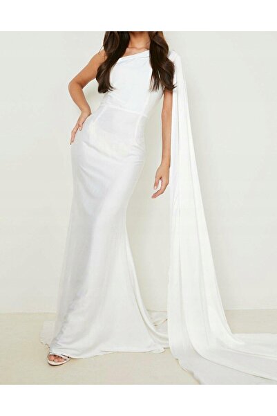 NO BRAND Rochie de seară maxi albă asimetrică din satin cu trenă Boohoo 40