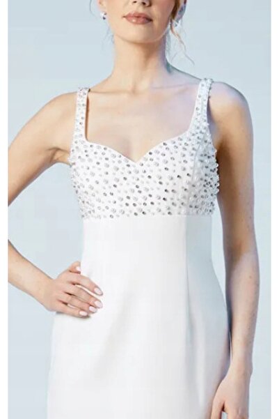 NO BRAND Rochie Midaxi albă cu bretele decorate, decolteu în formă de inimă, ...