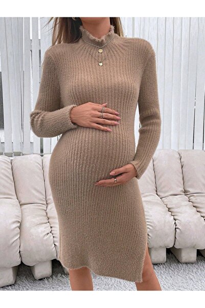 NO BRAND Rochie pulover maro deschis de maternitate pufoasă elastică Shein 38