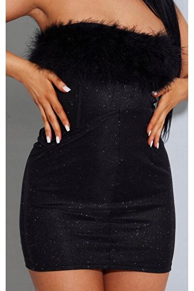 NO BRAND Rochie mini neagră brocata cu umeri goi și pene Prettylittlething 42