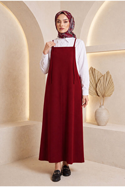 USLULAR Burgundy Rope Strap Dabıl Fabric Gilet Dress Oversize Hijab Dress wit...