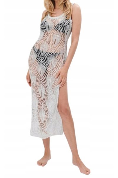 NO BRAND Rochie de plajă clasică, argintie, tricotată, transparentă, cu paiet...
