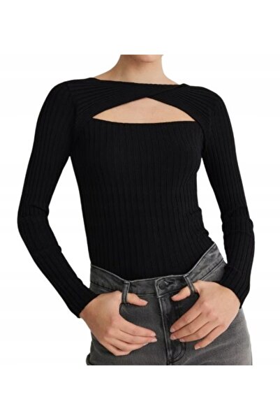 NO BRAND Pulover negru, mulat, tricotat cu torsade, cu decupaj decorativ, măr...