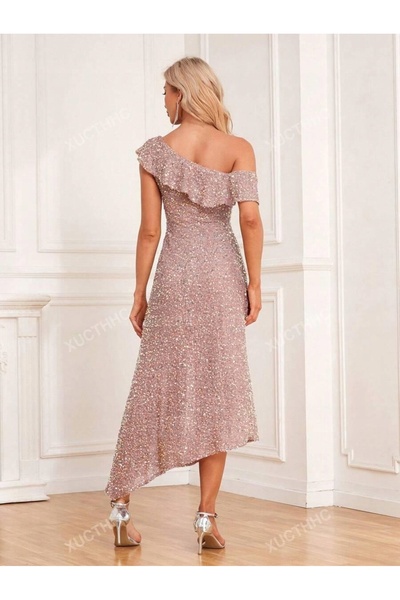 NO BRAND Rochie midi cocktail bronz cu paiete asimetrice, pe un umăr, Shein L