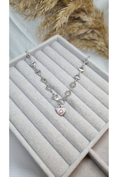 ZEYKU ACCESSORİES Elegant Design Heart Detailed Pink Stone Silver Color Women's Necklace