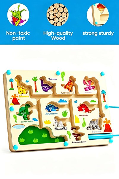 HI-FINE Dinosaur Jungle Wooden Magnetic Maze Toy Large Magnetic Bead Color So...