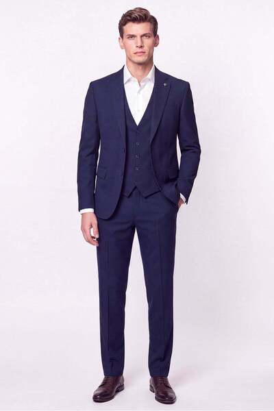 Efor Slim Fit Mono Collar Flexible Wool Vest Navy Blue Suit Tk 950