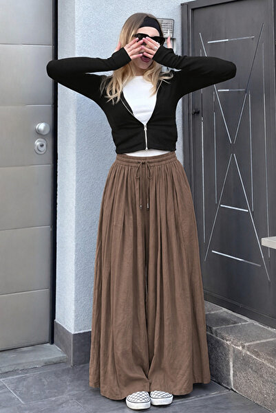 DAMGA JEANS Women's Summer Wide-Legged Brown Palazzo Pants
