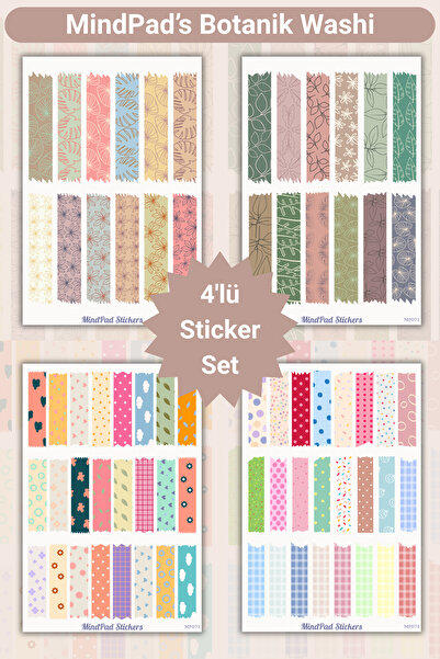 Mindpad 4’lü Botanik Washi Bant Sticker Seti – Dekoratif Washi Bant Görünümlü...