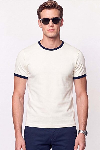 Efor Slim Fit Crew Neck Ecru - Navy Blue T-Shirt Ts 932