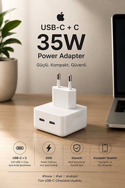 USB-C + C 35W PD Hızlı Şarj Adaptörü Çift Type-C Giriş Power Delivery iPhone Android Uyumlu