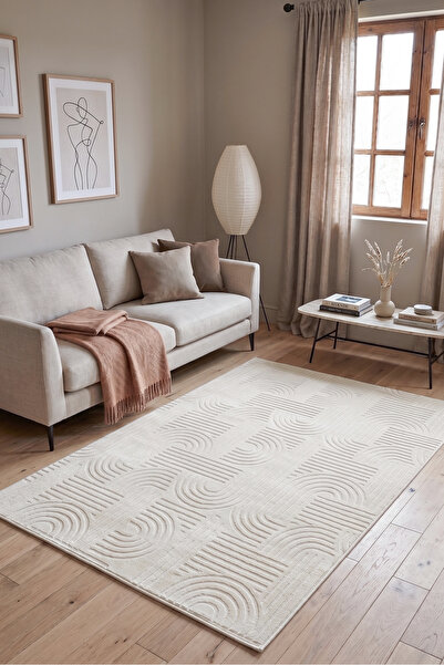 Myevilla Bohem Krem Emboss Premium Seri Kaymaz Taban Jel Taban Halı Yolluk An...