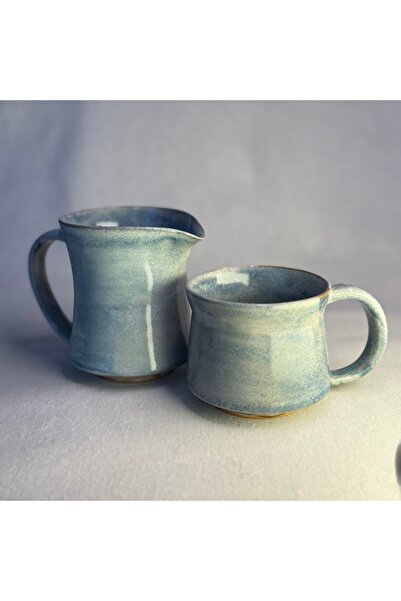 Ranowa Ceramic El yapımı sütlük 280 ml. ve kupa 220 ml. seti-Mavi stoneware k...