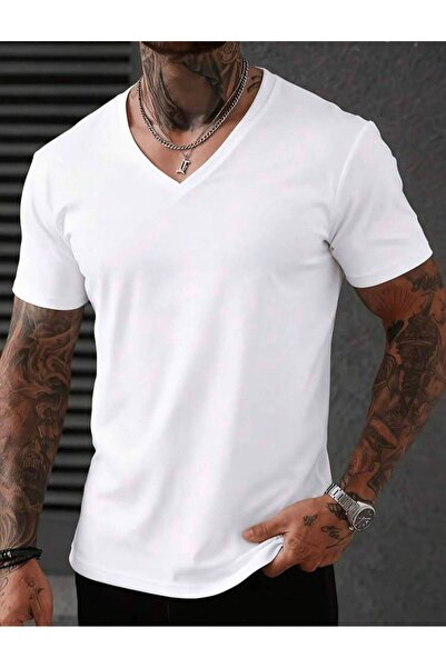 LOUİSA Men's White V-Neck Combed Cotton T-Shirt