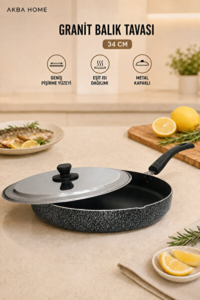 AKBA HOME Granit Balık Tavası 36 cm Metal Kapaklı Geniş Yüzeyli Hamsi ve Balı...